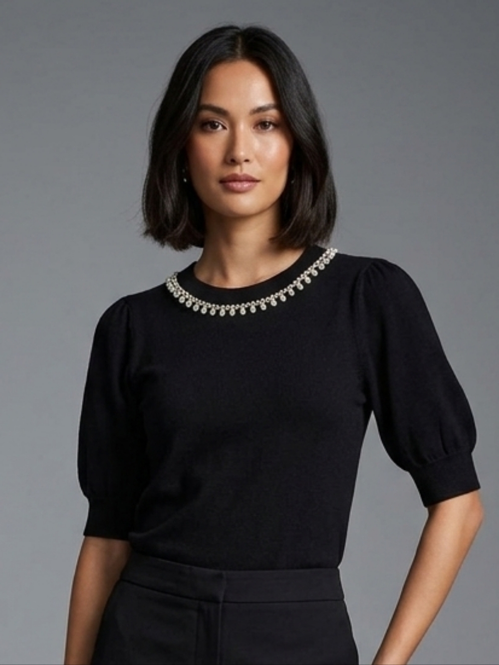 H by Hilston Black Puff Sleeve Top With Rhinestone Detail Knit Sweater Size S